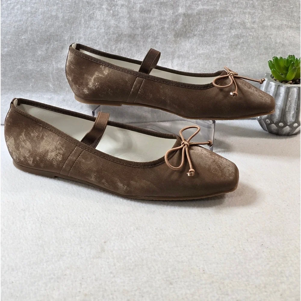 Oasis Society Brown Velvet Ballet Flats Mary Jane Vegan Leather Bow Shoes US 8.5